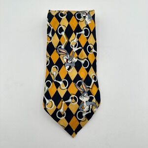 Looney Tunes Mania Necktie Yellow Black Argyle Horsebit Bugs Bunny Silk‎ Classic